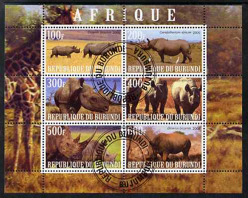 Burundi 2009 African Animals #2 perf sheetlet containing 6 values fine cto used, stamps on , stamps on  stamps on animals, stamps on  stamps on rhinos