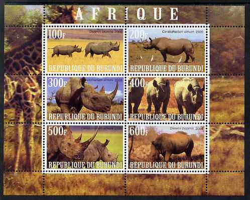 Burundi 2009 African Animals #2 perf sheetlet containing 6 values unmounted mint, stamps on , stamps on  stamps on animals, stamps on  stamps on rhinos