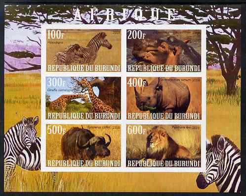 Burundi 2009 African Animals #3 imperf sheetlet containing 6 values unmounted mint, stamps on , stamps on  stamps on animals, stamps on  stamps on rhinos, stamps on  stamps on lions, stamps on  stamps on giraffes, stamps on  stamps on zebra, stamps on  stamps on bison, stamps on  stamps on 