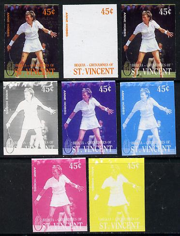 St Vincent - Bequia 1988 International Tennis Players 45c (Anne Hobbs) set of 8 imperf progressive proofs comprising the 5 individual colours plus 2, 4 and all 5 colour c..., stamps on sport   personalities    tennis