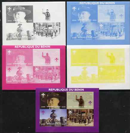 Benin 2009 Baden Powell & Scouts sheetlet containing 4 values - the set of 5 imperf progressive proofs comprising the 4 individual colours plus all 4-colour composite, un..., stamps on personalities, stamps on scouts, stamps on rockwell, stamps on arts