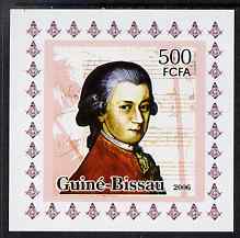 Guinea - Bissau 2006 Mozart #4 individual imperf deluxe sheet unmounted mint. Note this item is privately produced and is offered purely on its thematic appeal, stamps on , stamps on  stamps on personalities, stamps on  stamps on mozart, stamps on  stamps on music, stamps on  stamps on composers, stamps on  stamps on masonics, stamps on  stamps on masonry