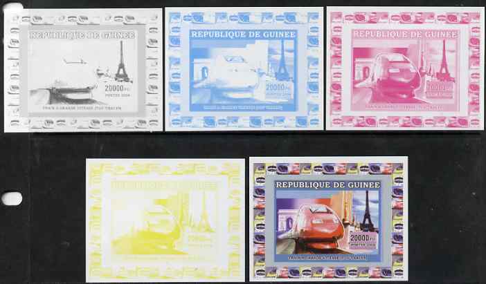 Guinea - Conakry 2006 High Speed Trains #2 - TGV individual deluxe sheet - the set of 5 imperf progressive proofs comprising the 4 individual colours plus all 4-colour composite, unmounted mint , stamps on railways