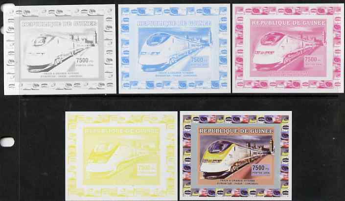 Guinea - Conakry 2006 High Speed Trains #3 - Eurostar Paris - London individual deluxe sheet - the set of 5 imperf progressive proofs comprising the 4 individual colours plus all 4-colour composite, unmounted mint , stamps on railways