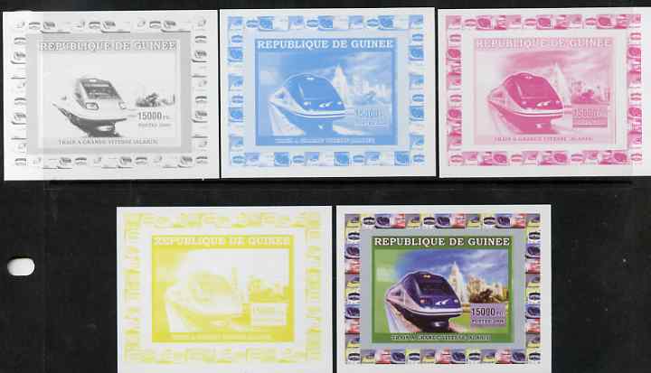 Guinea - Conakry 2006 High Speed Trains #4 - Alaris individual deluxe sheet - the set of 5 imperf progressive proofs comprising the 4 individual colours plus all 4-colour..., stamps on railways