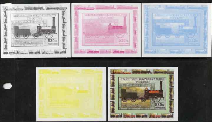 Congo 2006 Transport - British Steam Locos #2 - Stephenson 0-2-2 individual deluxe sheet - the set of 5 imperf progressive proofs comprising the 4 individual colours plus..., stamps on railways