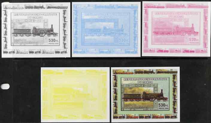 Congo 2006 Transport - British Steam Locos #3 - Stirling 8ft Single 4-2-2 individual deluxe sheet - the set of 5 imperf progressive proofs comprising the 4 individual colours plus all 4-colour composite, unmounted mint , stamps on , stamps on  stamps on railways