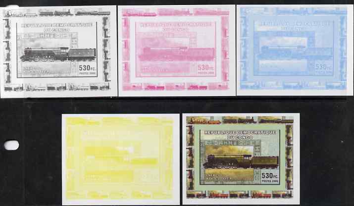 Congo 2006 Transport - British Steam Locos #5 - LNER 4-6-2 Flying Scotsman individual deluxe sheet - the set of 5 imperf progressive proofs comprising the 4 individual co..., stamps on railways