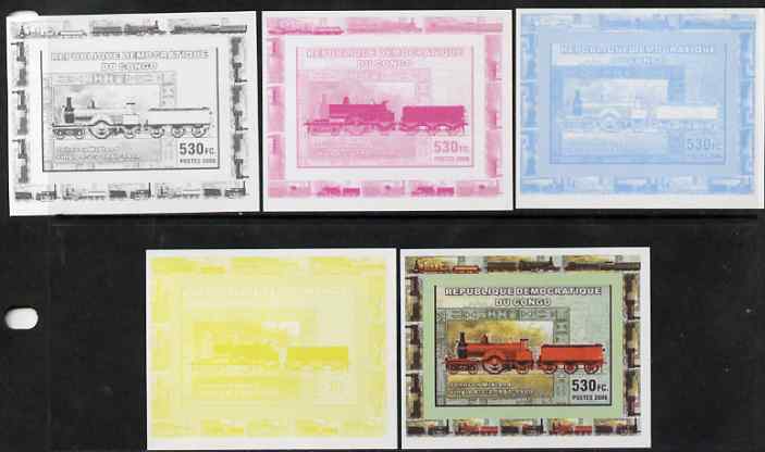 Congo 2006 Transport - British Steam Locos #6 - Johnson Single 4-2-2 individual deluxe sheet - the set of 5 imperf progressive proofs comprising the 4 individual colours plus all 4-colour composite, unmounted mint , stamps on railways