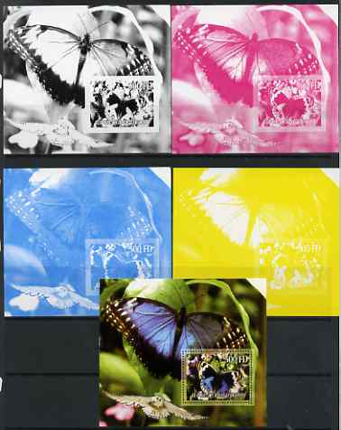 Djibouti 2006 Owl & Butterfly #1 s/sheet - the set of 5 imperf progressive proofs comprising the 4 individual colours plus all 4-colour perf composite unmounted mint, stamps on , stamps on  stamps on birds of prey, stamps on  stamps on owls, stamps on  stamps on birds, stamps on  stamps on butterflies