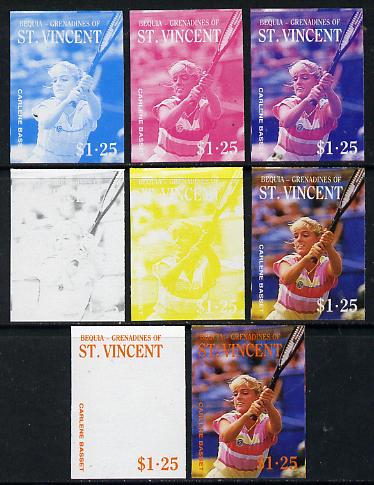 St Vincent - Bequia 1988 International Tennis Players $1.25 (Carlene Basset) set of 8 imperf progressive proofs comprising the 5 individual colours plus 2, 4 and all 5 colour composites unmounted mint*, stamps on , stamps on  stamps on sport   personalities    tennis