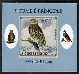 St Thomas & Prince Islands 2009 Raptors - Powerful Owl individual imperf deluxe sheet unmounted mint. Note this item is privately produced and is offered purely on its thematic appeal, stamps on birds, stamps on birds of prey, stamps on owls