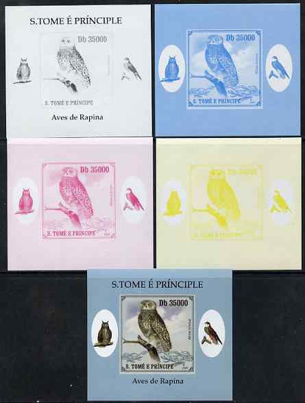 St Thomas & Prince Islands 2009 Raptors - Powerful Owl individual deluxe sheet - the set of 5 imperf progressive proofs comprising the 4 individual colours plus all 4-col..., stamps on birds, stamps on birds of prey, stamps on owls