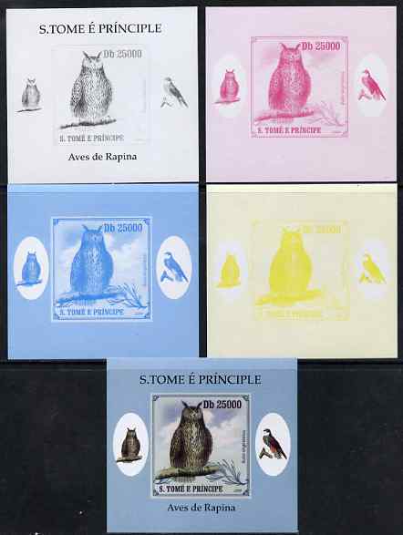 St Thomas & Prince Islands 2009 Raptors - Great Horned Owl individual deluxe sheet - the set of 5 imperf progressive proofs comprising the 4 individual colours plus all 4..., stamps on birds, stamps on birds of prey, stamps on owls