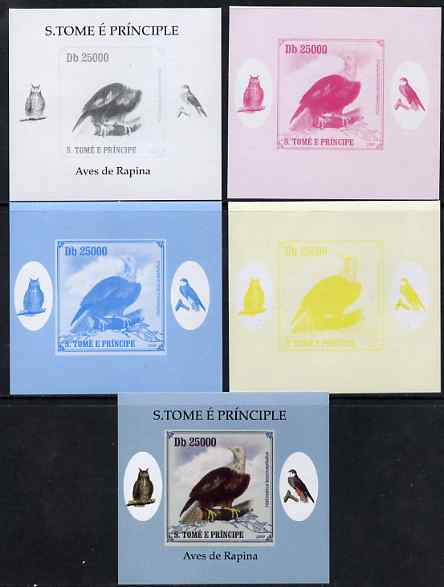 St Thomas & Prince Islands 2009 Raptors - Bald Eagle individual deluxe sheet - the set of 5 imperf progressive proofs comprising the 4 individual colours plus all 4-colour composite, unmounted mint , stamps on , stamps on  stamps on birds, stamps on  stamps on birds of prey, stamps on  stamps on eagles