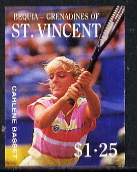 St Vincent - Bequia 1988 Tennis $1.25 (Carlene Basset) imperf progressive proof in 4 colours only (orange omitted leaving Country, name and value in white) unmounted mint*, stamps on , stamps on  stamps on sport   personalities    tennis