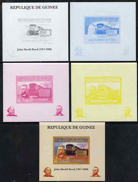 Guinea - Conakry 2008 Atchison, Topeka & Santa Fe Railway - John Shedd Reed & Union Pacific 4172 individual deluxe sheet - the set of 5 imperf progressive proofs comprising the 4 individual colours plus all 4-colour composite, unmounted mint , stamps on personalities, stamps on railways