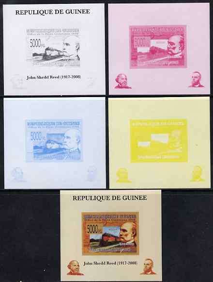 Guinea - Conakry 2008 Atchison, Topeka & Santa Fe Railway - John Shedd Reed & KCS 0119 individual deluxe sheet - the set of 5 imperf progressive proofs comprising the 4 individual colours plus all 4-colour composite, unmounted mint , stamps on , stamps on  stamps on personalities, stamps on  stamps on railways