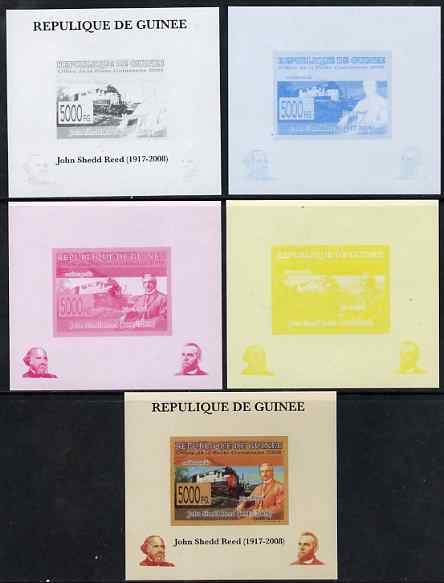 Guinea - Conakry 2008 Atchison, Topeka & Santa Fe Railway - John Shedd Reed & Southern Pacific Loco individual deluxe sheet - the set of 5 imperf progressive proofs compr..., stamps on personalities, stamps on railways