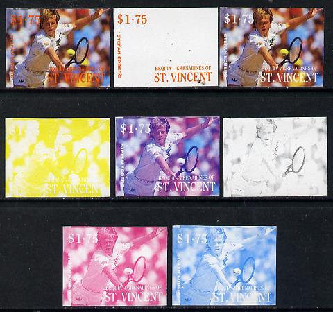 St Vincent - Bequia 1988 International Tennis Players $1.75 (Stefan Edberg) set of 8 imperf progressive proofs comprising the 5 individual colours plus 2, 4 and all 5 colour composites unmounted mint*, stamps on , stamps on  stamps on sport   personalities    tennis