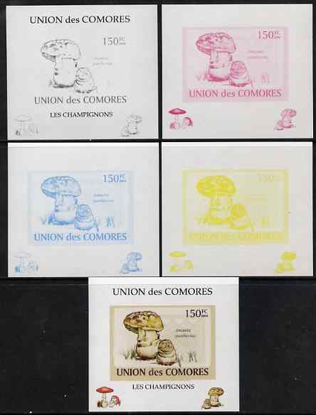 Comoro Islands 2009 Fungi #2 - 150 FC individual deluxe sheet - the set of 5 imperf progressive proofs comprising the 4 individual colours plus all 4-colour composite, un..., stamps on fungi