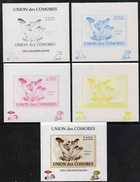 Comoro Islands 2009 Fungi #3 - 225 FC individual deluxe sheet - the set of 5 imperf progressive proofs comprising the 4 individual colours plus all 4-colour composite, un..., stamps on fungi