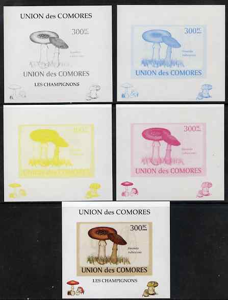 Comoro Islands 2009 Fungi #4 - 300 FC individual deluxe sheet - the set of 5 imperf progressive proofs comprising the 4 individual colours plus all 4-colour composite, unmounted mint , stamps on fungi