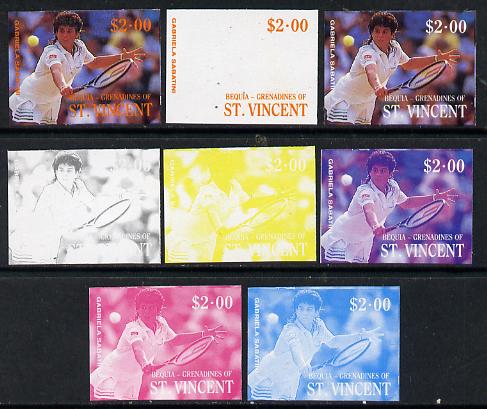 St Vincent - Bequia 1988 International Tennis Players $2 (Gabriela Sabatini) set of 8 imperf progressive proofs comprising the 5 individual colours plus 2, 4 and all 5 co..., stamps on sport   personalities    tennis