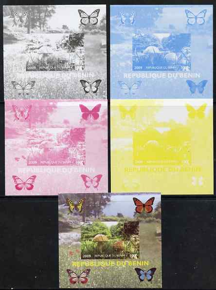 Benin 2009 Mushrooms and Butterflies #1 individual deluxe sheet - the set of 5 imperf progressive proofs comprising the 4 individual colours plus all 4-colour composite, ..., stamps on butterflies, stamps on fungi