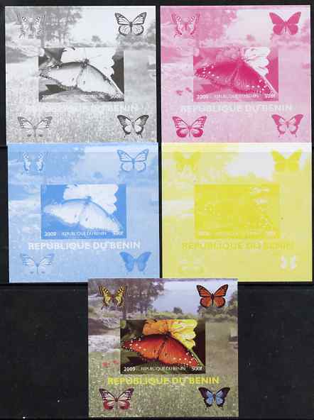 Benin 2009 Butterflies #3 individual deluxe sheet - the set of 5 imperf progressive proofs comprising the 4 individual colours plus all 4-colour composite, unmounted mint..., stamps on butterflies, stamps on 