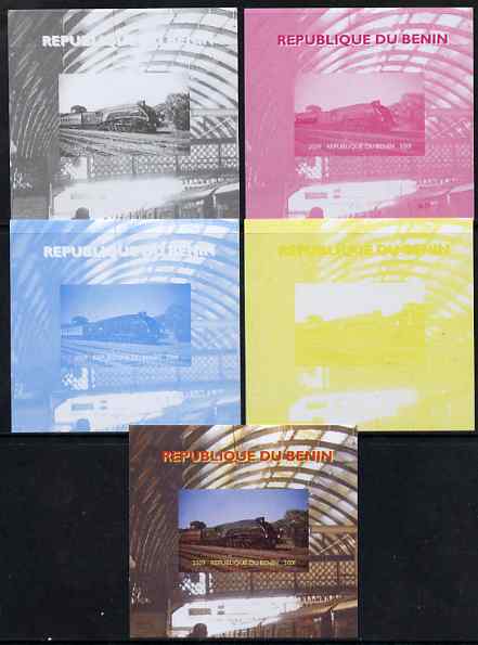 Benin 2009 Steam Locomotives #2 individual deluxe sheet - the set of 5 imperf progressive proofs comprising the 4 individual colours plus all 4-colour composite, unmounted mint , stamps on railways