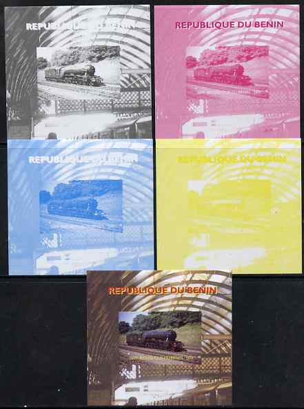 Benin 2009 Steam Locomotives #4 individual deluxe sheet - the set of 5 imperf progressive proofs comprising the 4 individual colours plus all 4-colour composite, unmounted mint , stamps on railways