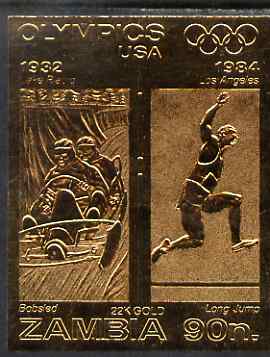 Zambia 1984 Los Angeles Olympic Games 90n imperf embossed in 22k gold foil showing Bobsled & Long Jump unmounted mint, stamps on , stamps on  stamps on olympics, stamps on  stamps on bobsled, stamps on  stamps on long jump