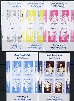 Angola 1999 Great People of the 20th Century - Apollo Astronauts sheetlet of 4 (2 tete-beche pairs) - the set of 5 imperf progressive proofs comprising various 2-colour c..., stamps on personalities, stamps on millennium, stamps on apollo, stamps on space