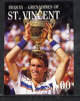 St Vincent - Bequia 1988 International Tennis Players $3 (Pat Cash) imperf progressive proof in 4 colours only (orange omitted leaving Country, name and value in white) unmounted mint*, stamps on sport   personalities    tennis