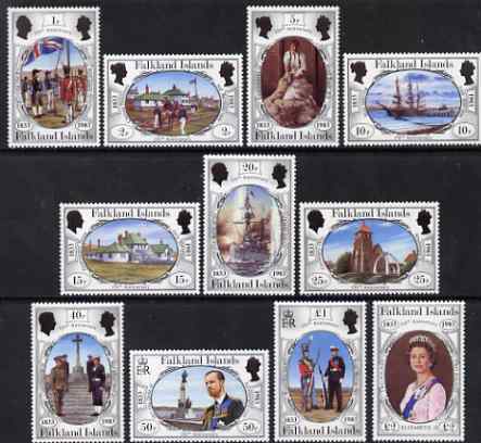 Falkland Islands 1983 150th Anniversary of British Administration definitive perf set of 11 unmounted mint, SG 439-49, stamps on , stamps on  stamps on militaria, stamps on  stamps on flags, stamps on  stamps on sheep, stamps on  stamps on ovine, stamps on  stamps on ships, stamps on  stamps on battles, stamps on  stamps on  ww1 , stamps on  stamps on  ww2 , stamps on  stamps on 