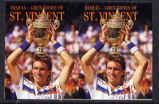 St Vincent - Bequia 1988 International Tennis Players $3 (Pat Cash) imperf horiz pair unmounted mint*, stamps on sport, stamps on personalities, stamps on tennis
