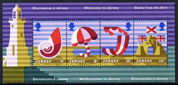 Jersey 1975 Jersey Tourism perf m/sheet of 4 values unmounted mint, SG MS128, stamps on , stamps on  stamps on lighthouses, stamps on  stamps on shells, stamps on  stamps on flags, stamps on  stamps on umberellas