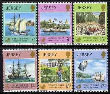 Jersey 1980 Operation Drake & 150th Anniversary of Royal Geographical Society perf set of 6 unmounted mint, SG 238-43, stamps on , stamps on  stamps on ships, stamps on  stamps on bridges, stamps on  stamps on aviation.airships