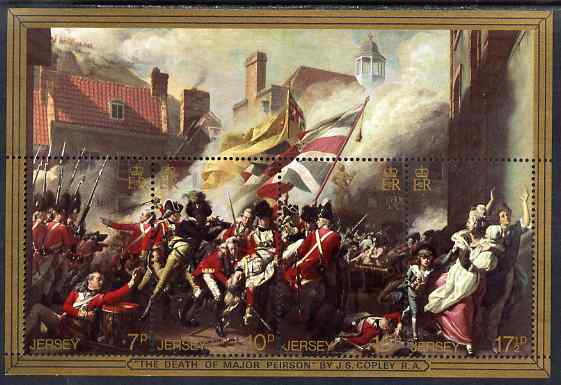 Jersey 1981 Bicent of Battle of Jersey - details of paintings by J S Copley perf m/sheet unmounted mint, SG MS248, stamps on militaria, stamps on battles, stamps on flags