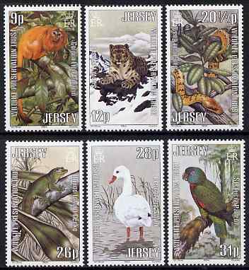 Jersey 1984 Wildflife Preservation Trust (4th series) perf set of 6 unmounted mint, SG 324-29, stamps on animals, stamps on cats, stamps on snow leopard, stamps on monkeys, stamps on snakes, stamps on reptiles, stamps on birds, stamps on swan, stamps on parrots