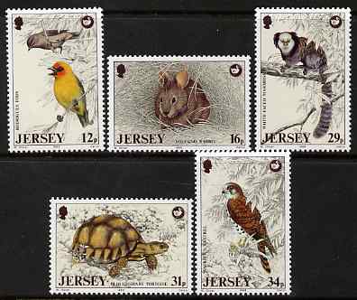 Jersey 1988 Wildlife Preservation Trust (5th series) perf set of 5 unmounted mint, SG 447-51, stamps on , stamps on  stamps on animals, stamps on  stamps on monkeys, stamps on  stamps on rabbits, stamps on  stamps on reptiles, stamps on  stamps on tortoise, stamps on  stamps on birds, stamps on  stamps on kestrel