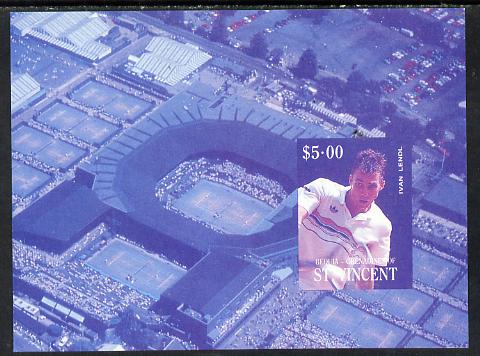 St Vincent - Bequia 1988 International Tennis Players $5 m/sheet (Ivan Lendl) imperf progressive proof in blue & magenta only unmounted mint, stamps on sport   personalities    tennis