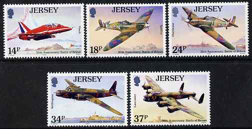 Jersey 1990 50th Anniversary of Battle of Britain perf set of 5 unmounted mint, SG 530-34, stamps on , stamps on  stamps on aviations, stamps on  stamps on  ww2 , stamps on  stamps on spitfire, stamps on  stamps on hurricane, stamps on  stamps on lancaster, stamps on  stamps on wellington