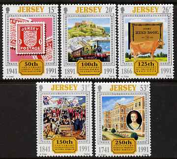 Jersey 1991 Anniversaries perf set of 5 unmounted mint, SG 549-53, stamps on stamp on stamp, stamps on railways, stamps on animals, stamps on bovine, stamps on cows, stamps on medical