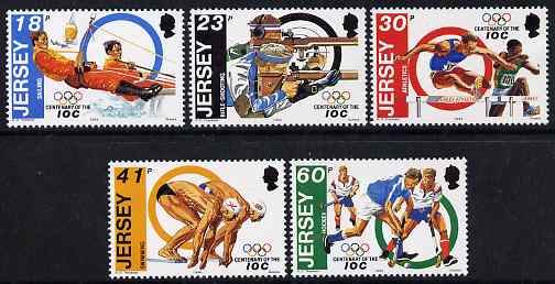 Jersey 1994 Centenary of International Olympic Committee perf set of 5 unmounted mint, SG 665-69, stamps on sports, stamps on sailing, stamps on shooting, stamps on swimming, stamps on hockey, stamps on athletics