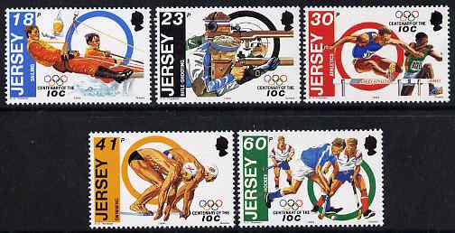 Jersey 1994 Centenary of International Olympic Committee perf set of 5 unmounted mint, SG 665-69, stamps on , stamps on  stamps on sports, stamps on  stamps on sailing, stamps on  stamps on shooting, stamps on  stamps on swimming, stamps on  stamps on hockey, stamps on  stamps on athletics