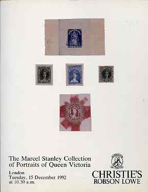 Auction Catalogue - Portraits of Queen Victoria - Christies 15 Dec 1992 - the Marcel Stanley coll - with prices realised (some ink notations in cat), stamps on 