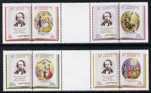 St Vincent 1987 Christmas (Charles Dickens) set of 8 (2 inter-paneau se-tenant gutter blocks from Format International archive sheet, folded through gutters) as SG 1116-2..., stamps on literature, stamps on personalities, stamps on christmas, stamps on dickens