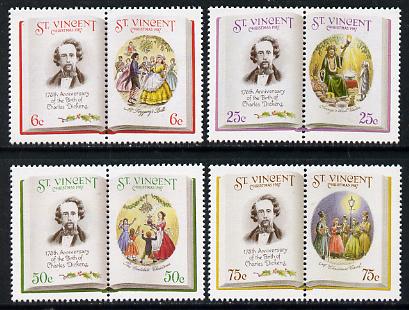 St Vincent 1987 Christmas (Charles Dickens) set of 8 unmounted mint (4 se-tenant pairs) as SG 1116-23 (gutter pairs available pro-rata), stamps on , stamps on  stamps on literature, stamps on personalities, stamps on christmas, stamps on  stamps on dickens